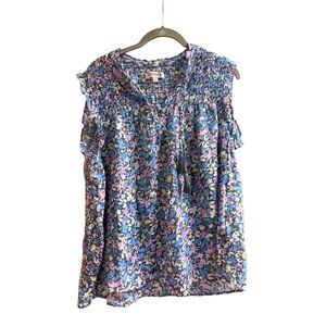 Nanette Lepore Floral Blue and Pink Women's Top with Tassle, Smocked Back